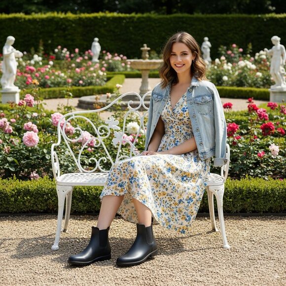 Women's Black Pointed Toe Waterproof Chelsea Double Elastic Ankle Rain Boots - Picture 2 of 7